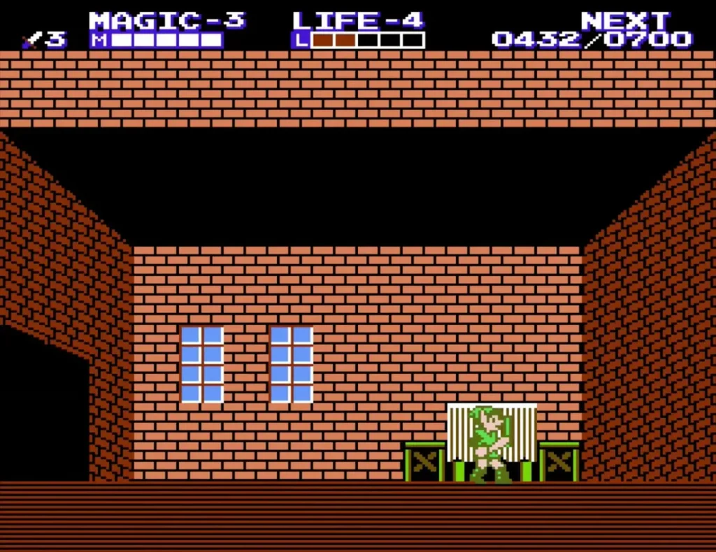 Link raising the Mirror beside the table in an empty brick house Link raising the Mirror beside the table in an empty brick house
