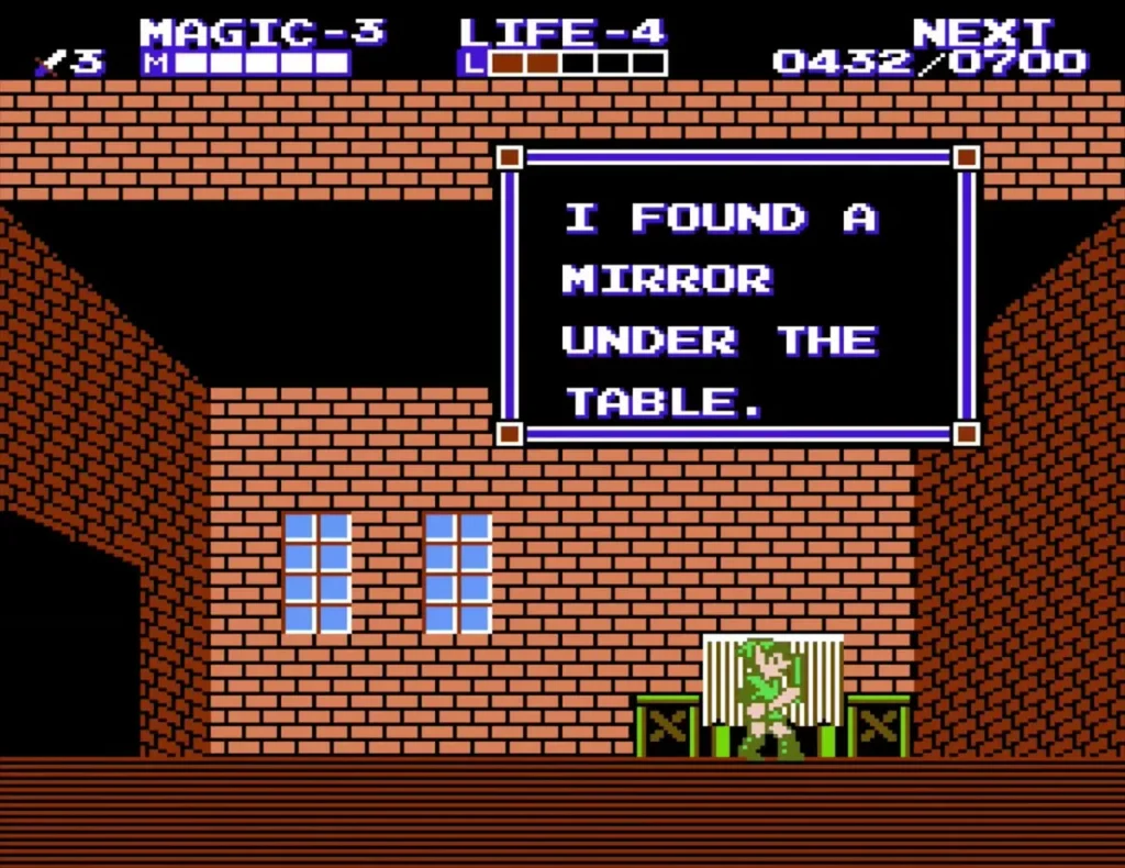 Text box says Link found a mirror under the table in an empty brick house Text box says Link found a mirror under the table in an empty brick house