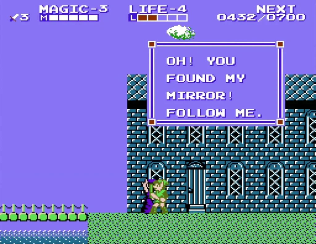 Purple-robed woman in front of a blue-brick house says Link found her mirror Purple-robed woman in front of a blue-brick house says Link found her mirror