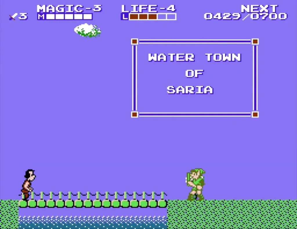 Link facing a townsman beside the stone fence path, with the Water Town of Saria sign text Link facing a townsman beside the stone fence path, with the Water Town of Saria sign text