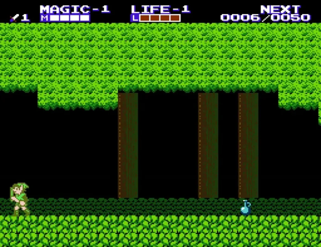 Link at the left of a forest path with a small blue bottle lying on the ground ahead Link at the left of a forest path with a small blue bottle lying on the ground ahead