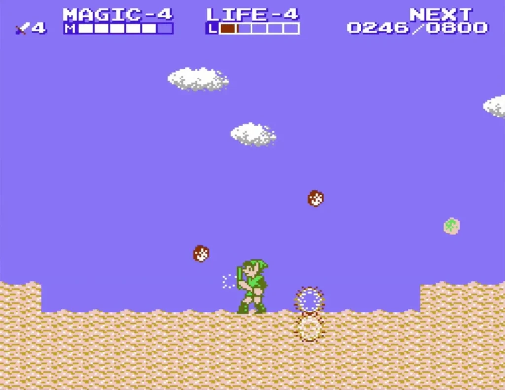 Link crossing the sand desert with small red enemies drifting nearby Link crossing the sand desert with small red enemies drifting nearby