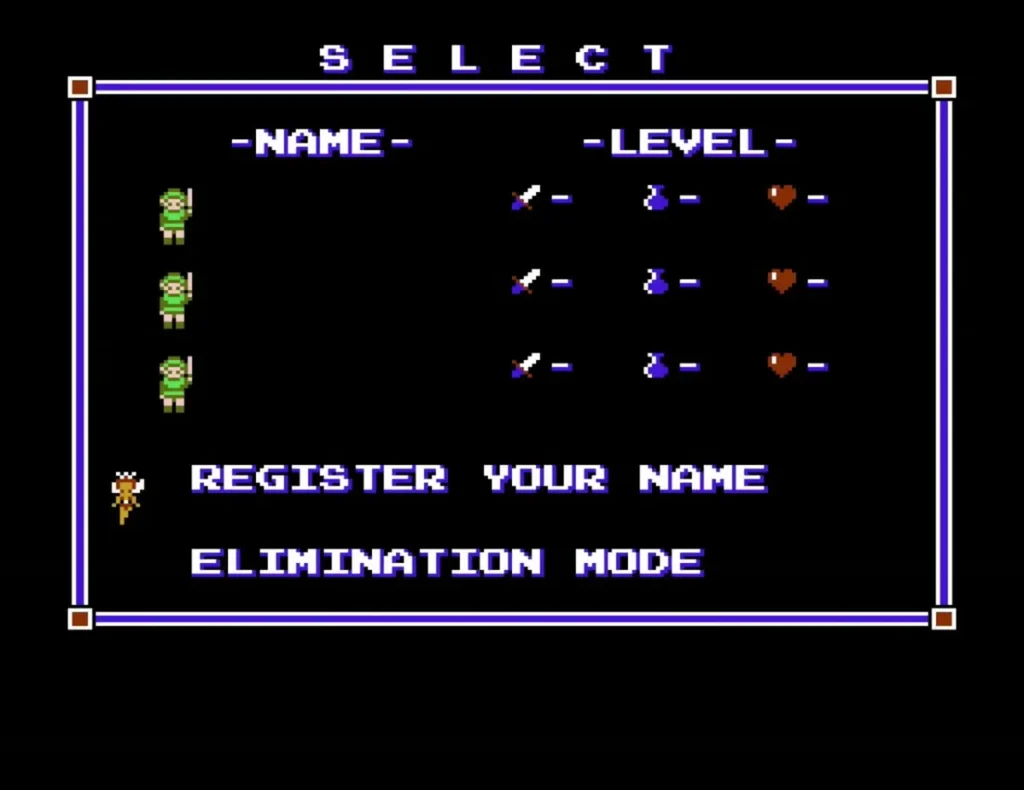 The file select screen with empty save slots The file select screen with empty save slots