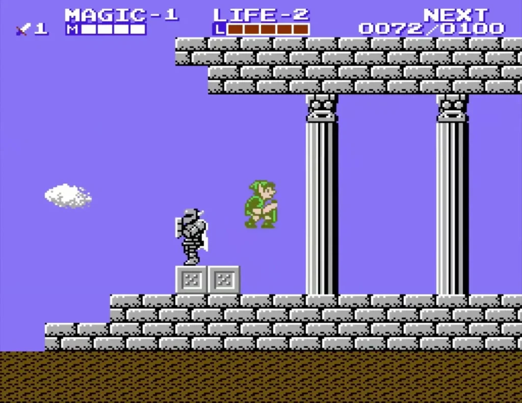Link standing near the grey statue on its pedestal beside a pillar at the palace approach Link standing near the grey statue on its pedestal beside a pillar at the palace approach