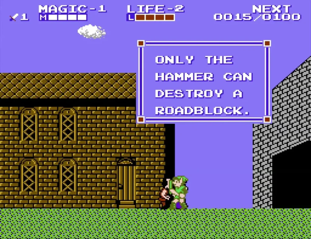 Townsperson in Rauru Town saying only the Hammer can destroy a roadblock Townsperson in Rauru Town saying only the Hammer can destroy a roadblock
