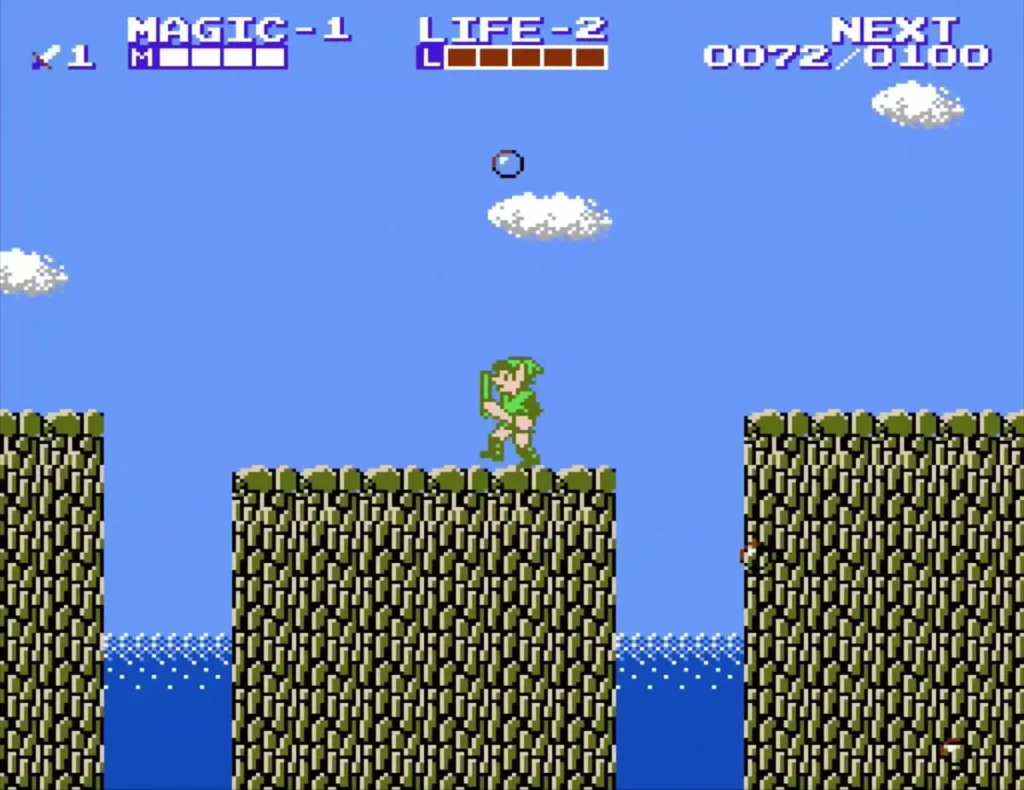 Link standing on a middle stone pillar with water on both sides Link standing on a middle stone pillar with water on both sides