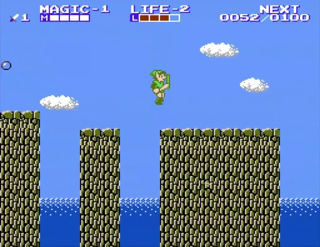Link leaping in the air between two stone pillars above the water Link leaping in the air between two stone pillars above the water