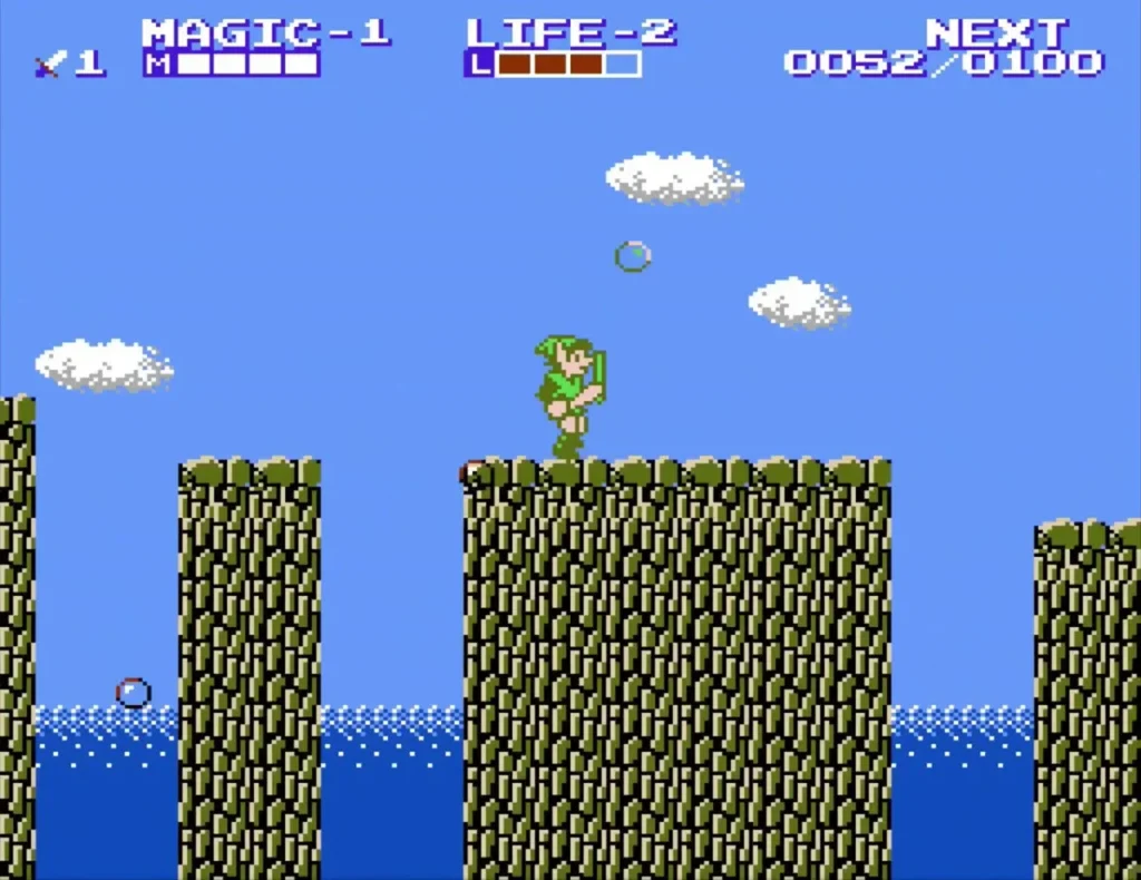 Link standing on a stone pillar platform above the water Link standing on a stone pillar platform above the water