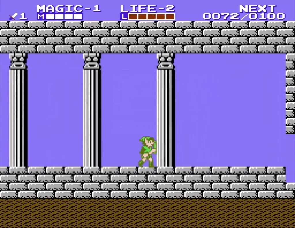 Link walking between grey stone pillars on the way to the palace Link walking between grey stone pillars on the way to the palace