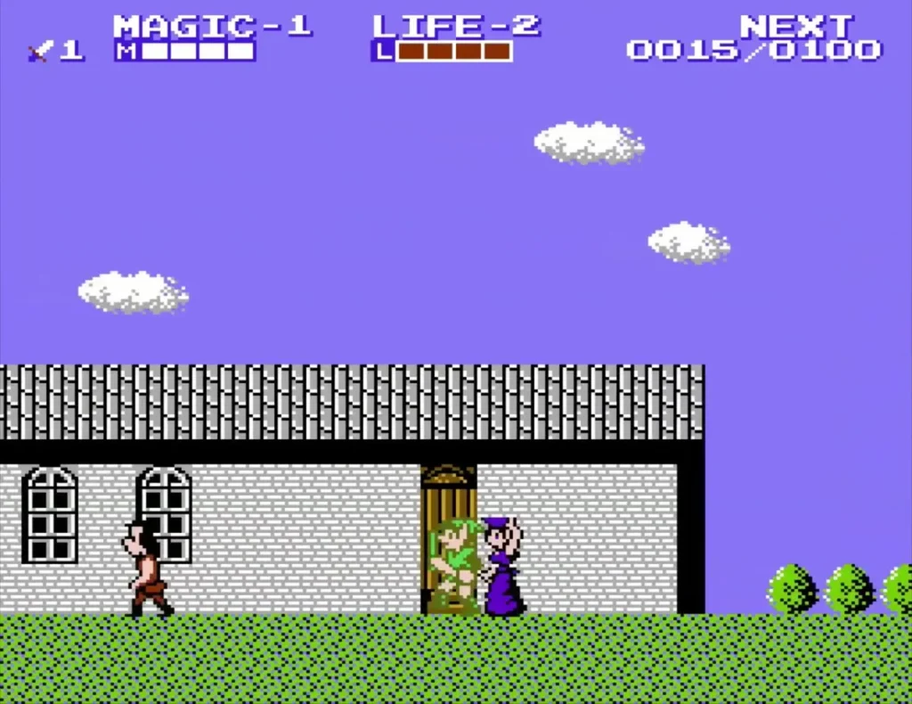 Link beside the purple-robed woman outside the house left of the town entrance Link beside the purple-robed woman outside the house left of the town entrance