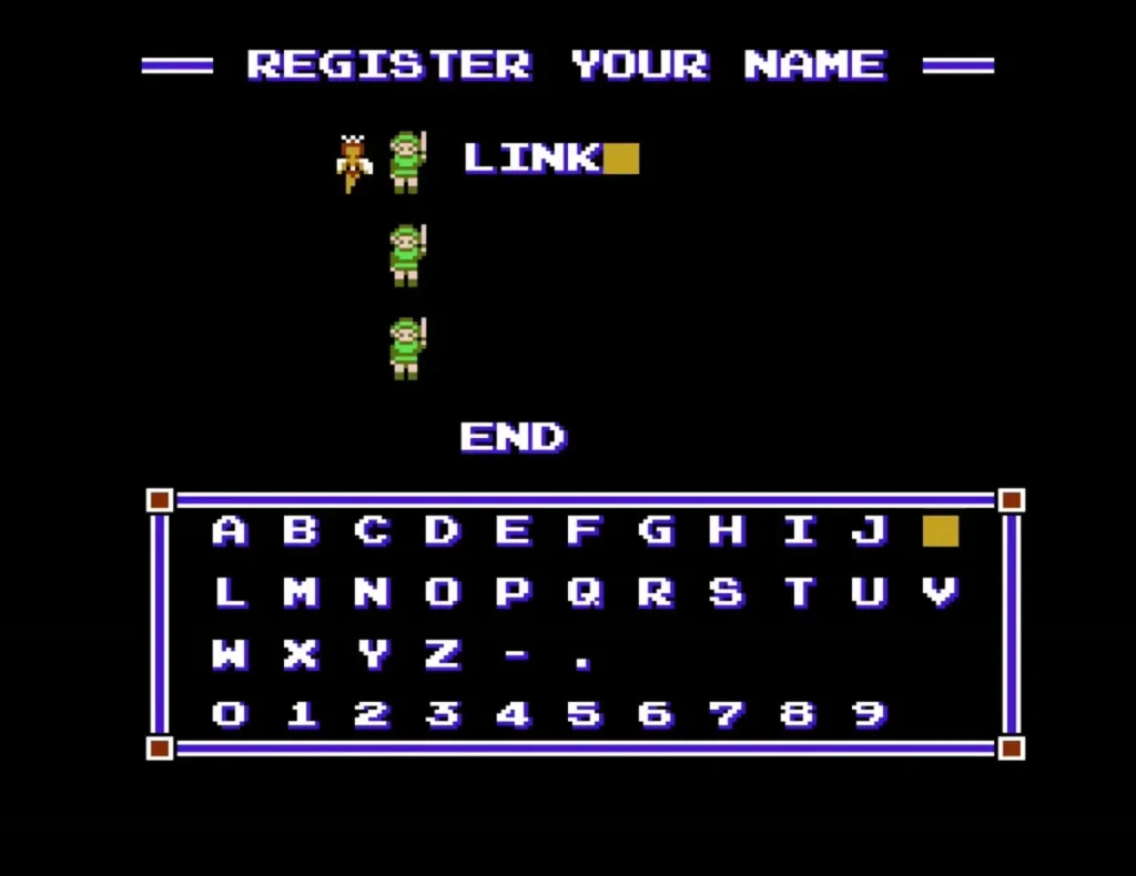 Name entry screen with LINK typed as the hero name Name entry screen with LINK typed as the hero name