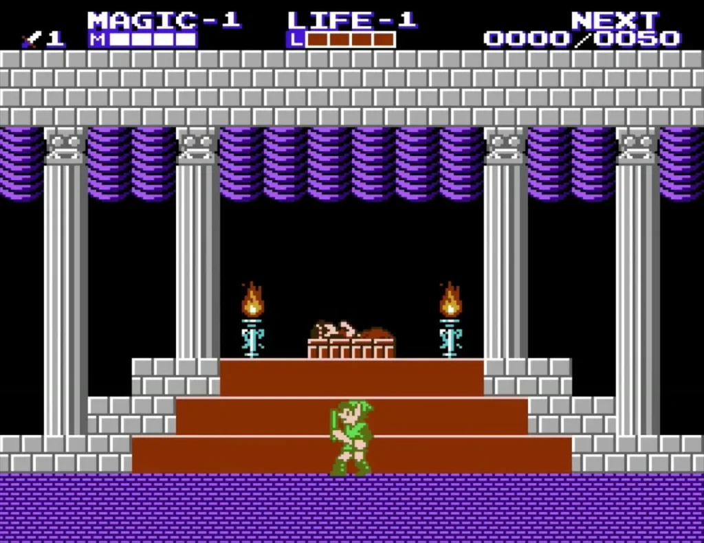 Link standing in the North Castle start chamber with the first HUD showing Link standing in the North Castle start chamber with the first HUD showing