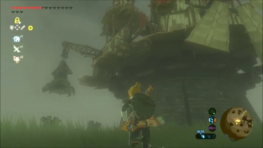 Link standing below the Akkala Ancient Tech Lab tower in the rain Link standing below the Akkala Ancient Tech Lab tower in the rain