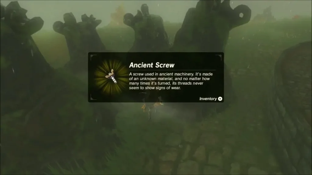 Link picking up an Ancient Screw near the Akkala lab Link picking up an Ancient Screw near the Akkala lab