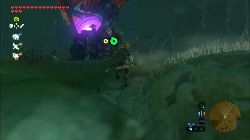 Link running toward Kilton's glowing purple wagon in the night rain Link running toward Kilton's glowing purple wagon in the night rain