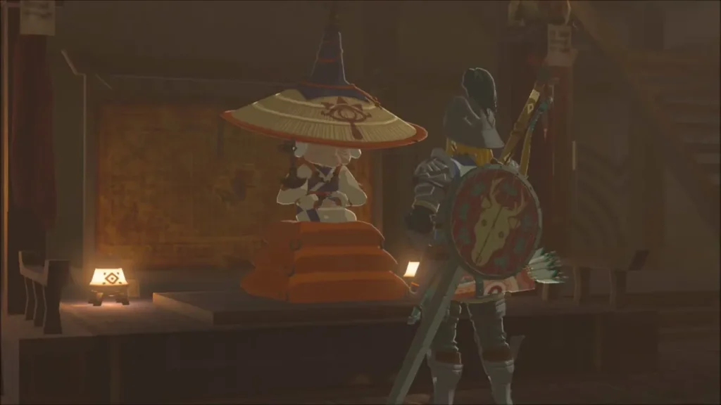 Link standing before Impa in Kakariko Village with the restored slate Link standing before Impa in Kakariko Village with the restored slate
