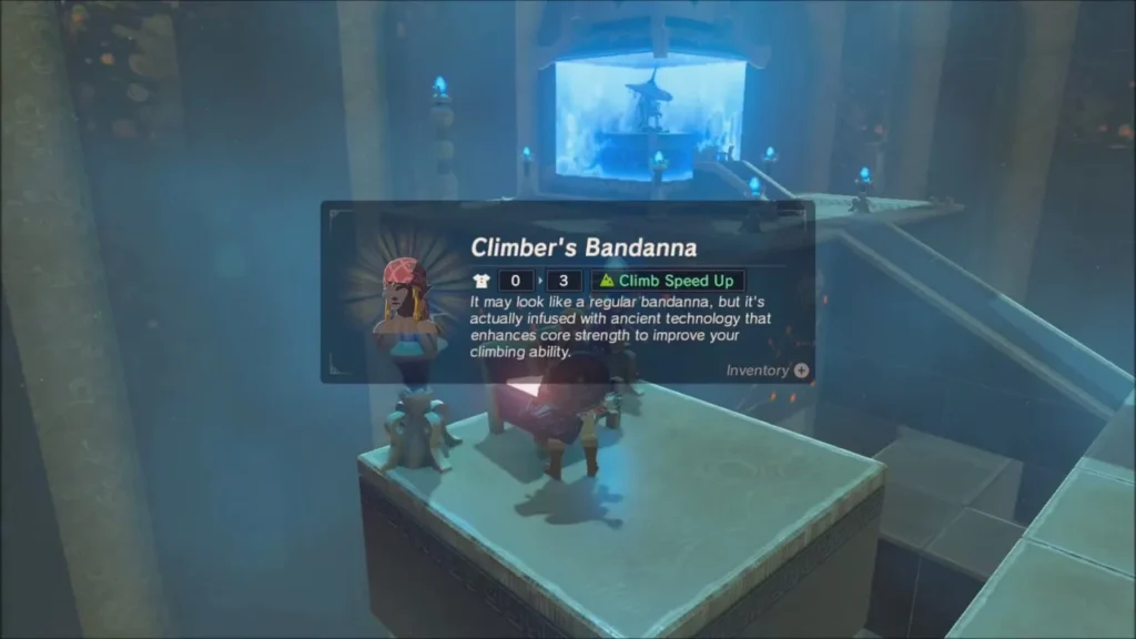 Link opening the chest in Ree Dahee Shrine and receiving the Climber's Bandanna Link opening the chest in Ree Dahee Shrine and receiving the Climber's Bandanna
