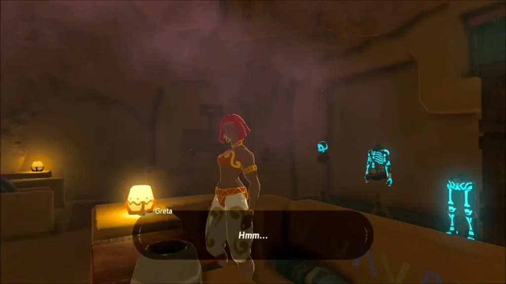 Greta the shopkeeper inside the Gerudo Secret Club with glowing clothes on display Greta the shopkeeper inside the Gerudo Secret Club with glowing clothes on display