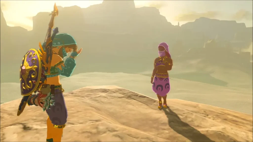 Link in the Gerudo outfit adjusting his veil beside Vilia Link in the Gerudo outfit adjusting his veil beside Vilia