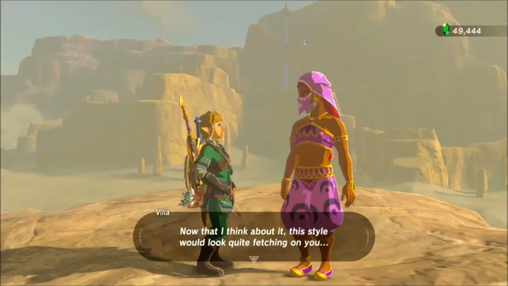 Vilia in pink Gerudo clothes offering Link the outfit Vilia in pink Gerudo clothes offering Link the outfit