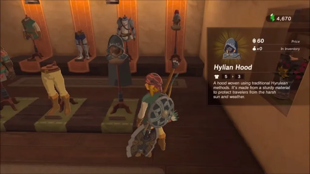 Link browsing the Hylian Hood in the Ventest Clothing Boutique in Hateno Village