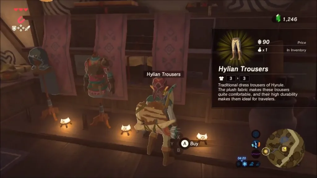 Hylian Trousers on a stand with their 90 rupee price shown