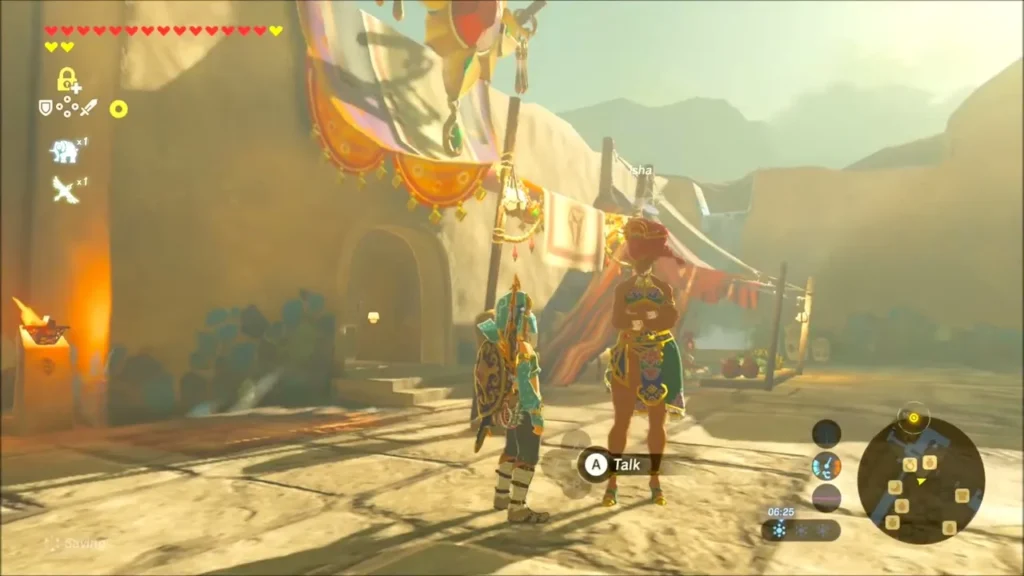 Link talking to Isha outside her closed jewelry stall in Gerudo Town