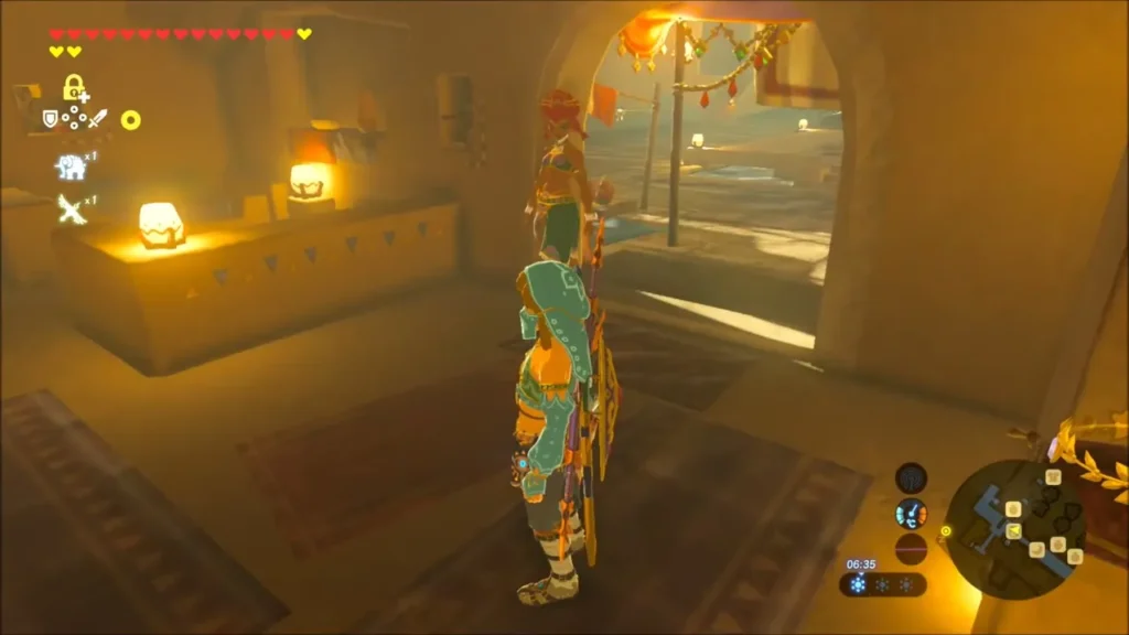 Link inside the lantern-lit Starlight Memories shop in Gerudo Town