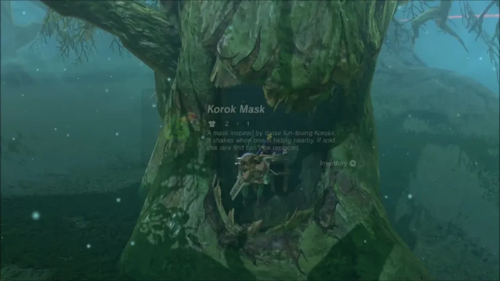 Korok Mask chest sitting inside the hollow of a twisted Lost Woods tree Korok Mask chest sitting inside the hollow of a twisted Lost Woods tree