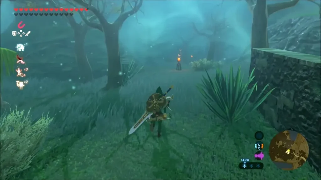 Link walking through the misty Lost Woods toward a lit torch Link walking through the misty Lost Woods toward a lit torch