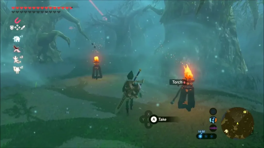 Link at the burning torch pillars in the Lost Woods, ready to take one Link at the burning torch pillars in the Lost Woods, ready to take one