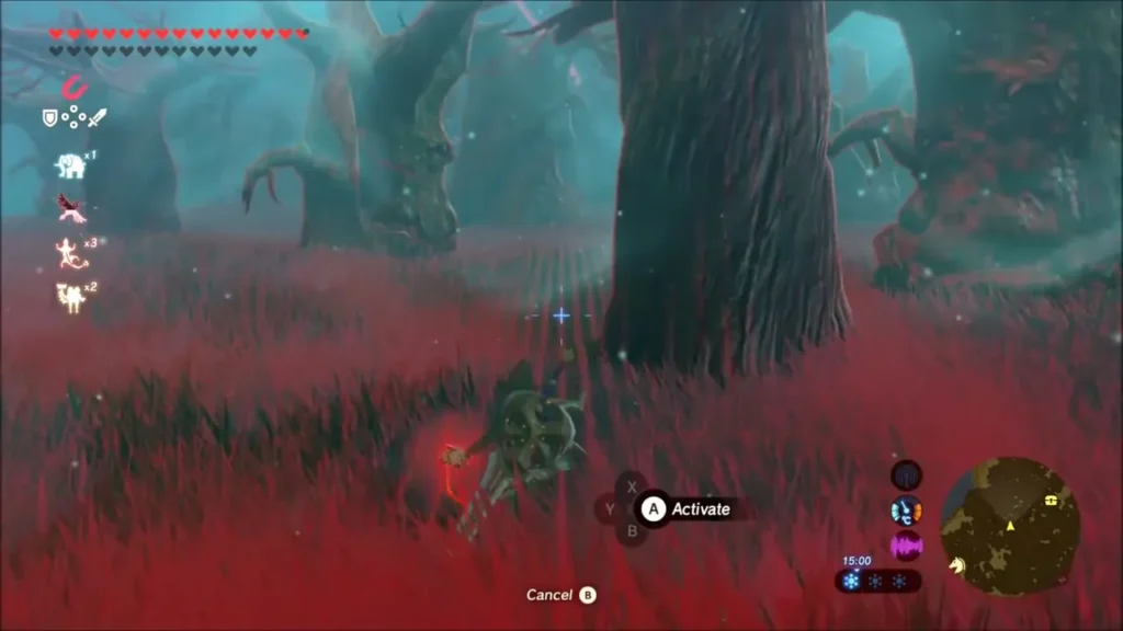 Link aiming Magnesis at the chest in the red-tinted Lost Woods Link aiming Magnesis at the chest in the red-tinted Lost Woods
