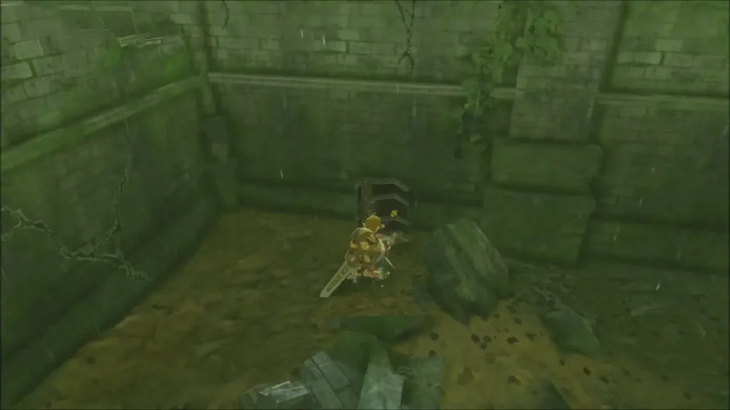 Link beside a chest half-buried in the rubble of a ruined room Link beside a chest half-buried in the rubble of a ruined room