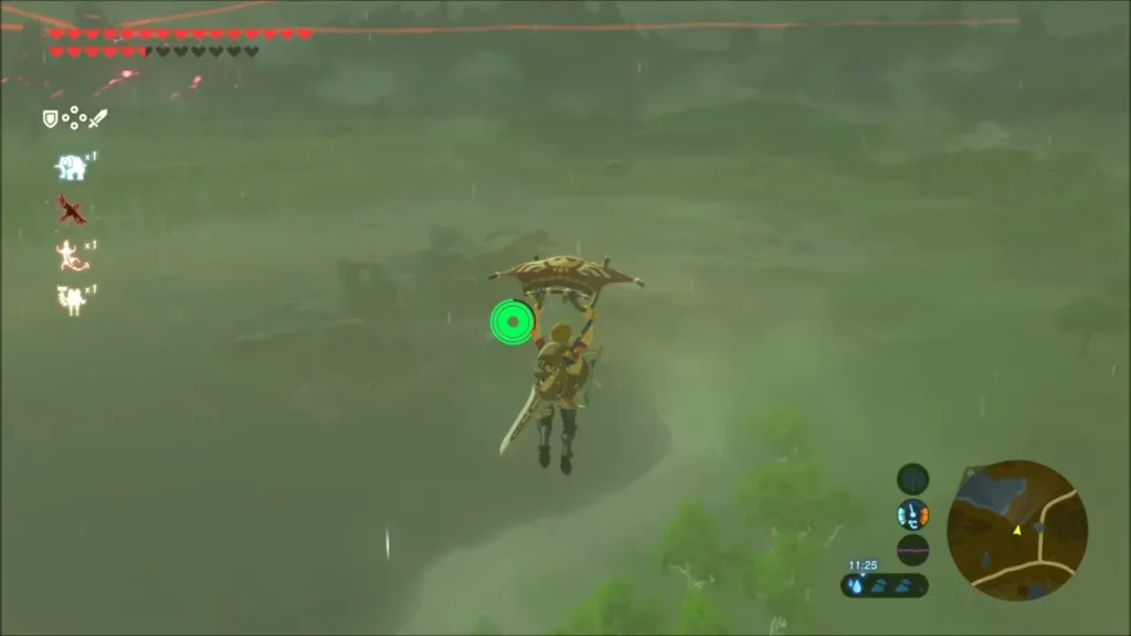 Link gliding over green hills in the rain toward the ruins Link gliding over green hills in the rain toward the ruins
