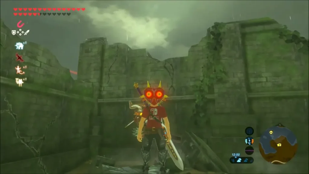 Link wearing Majora's Mask with glowing red eyes among the ruined walls Link wearing Majora's Mask with glowing red eyes among the ruined walls
