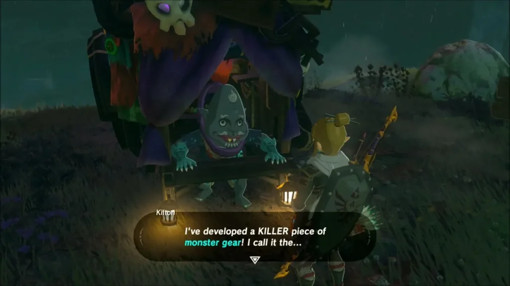 Kilton at his night stall showing off his monster mask gear to Link