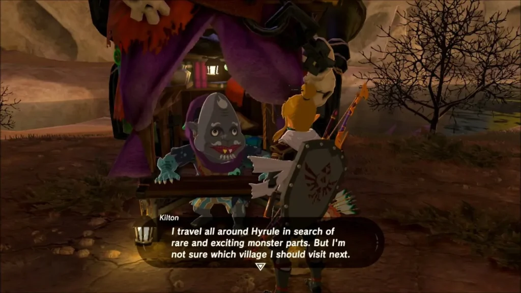 Kilton at dusk by Skull Lake saying he travels Hyrule seeking monster parts