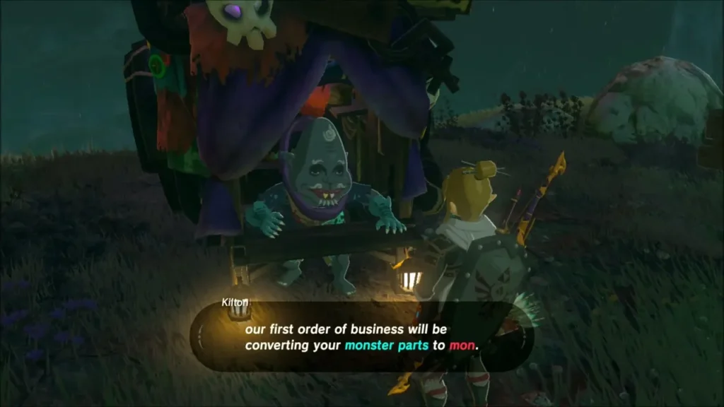 Kilton the Fang and Bone shopkeeper talking to Link from his wagon at night Kilton the Fang and Bone shopkeeper talking to Link from his wagon at night