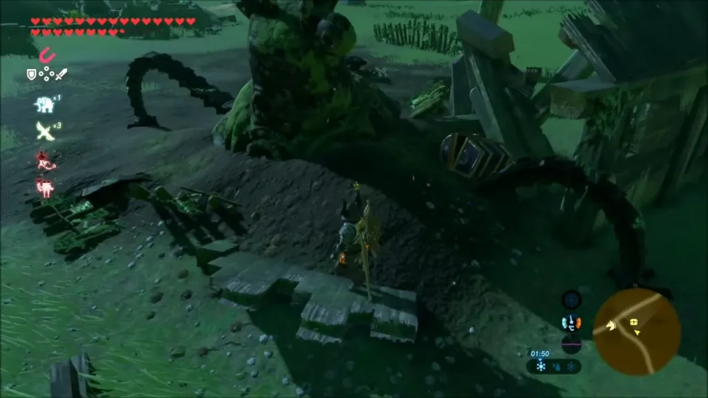 Link lifting the buried chest from beneath the decayed Guardian Link lifting the buried chest from beneath the decayed Guardian