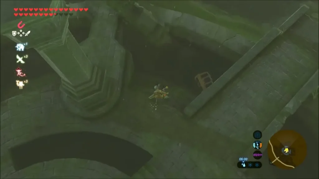 Treasure chest wedged in the rubble below Link at the Sacred Ground Ruins Treasure chest wedged in the rubble below Link at the Sacred Ground Ruins