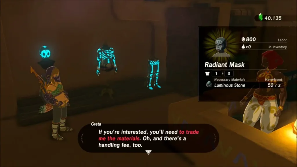 Greta offering the Radiant Mask for 800 Rupees and three Luminous Stones Greta offering the Radiant Mask for 800 Rupees and three Luminous Stones