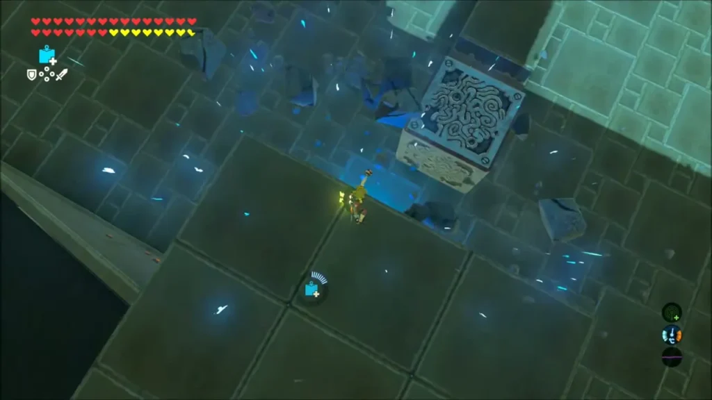 Bomb blast shattering the breakable block below the entrance platform Bomb blast shattering the breakable block below the entrance platform
