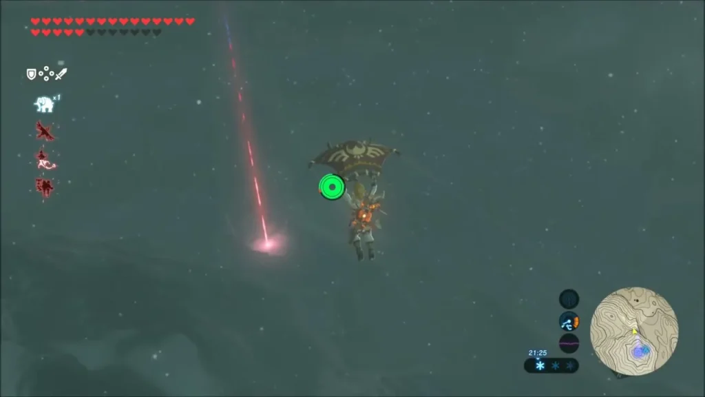 Link gliding down toward a red beam of light landing below Link gliding down toward a red beam of light landing below