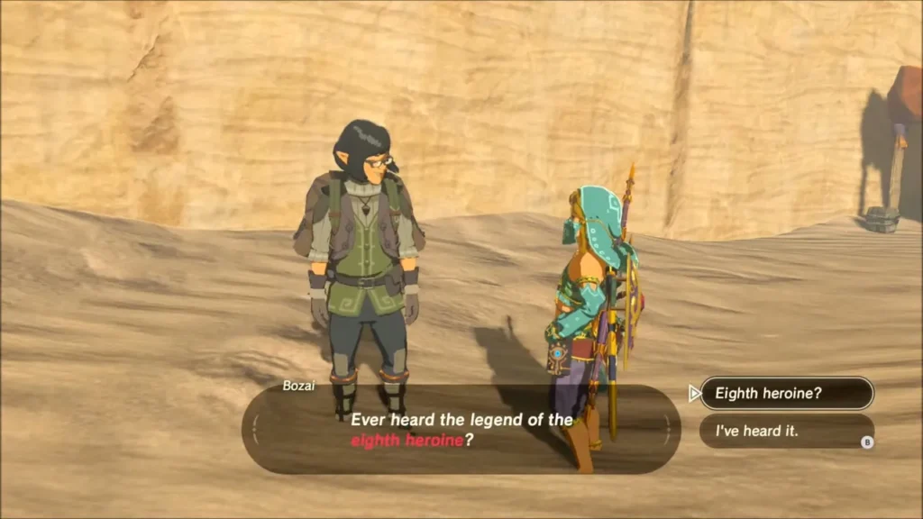 Bozai asking Link in the Gerudo outfit about the legend of the eighth heroine