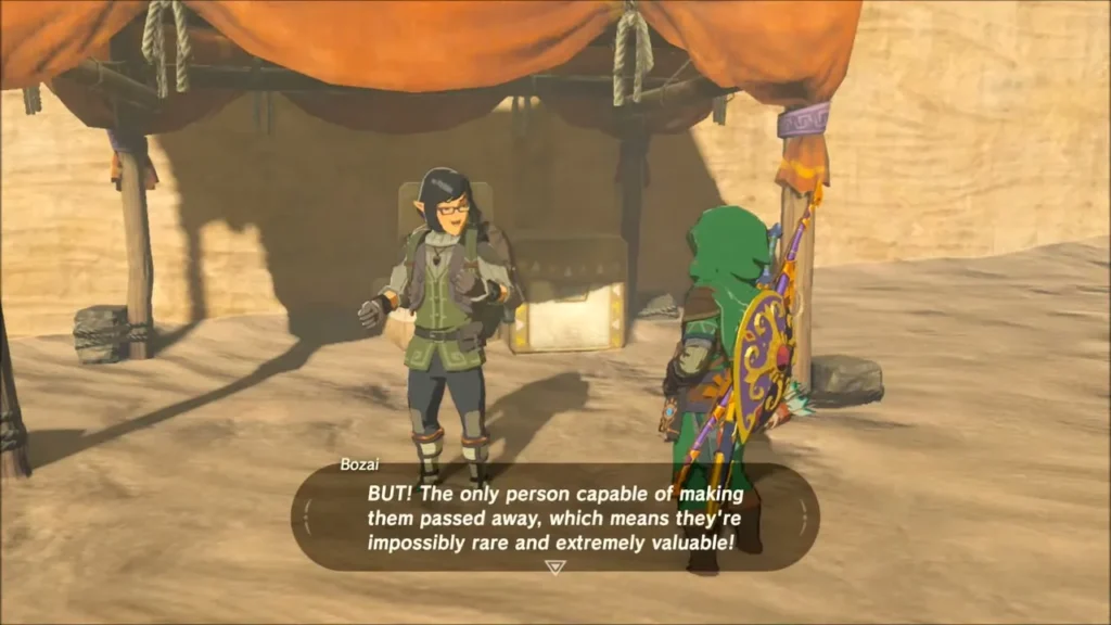 Bozai under his orange canopy explaining how rare sand boots are