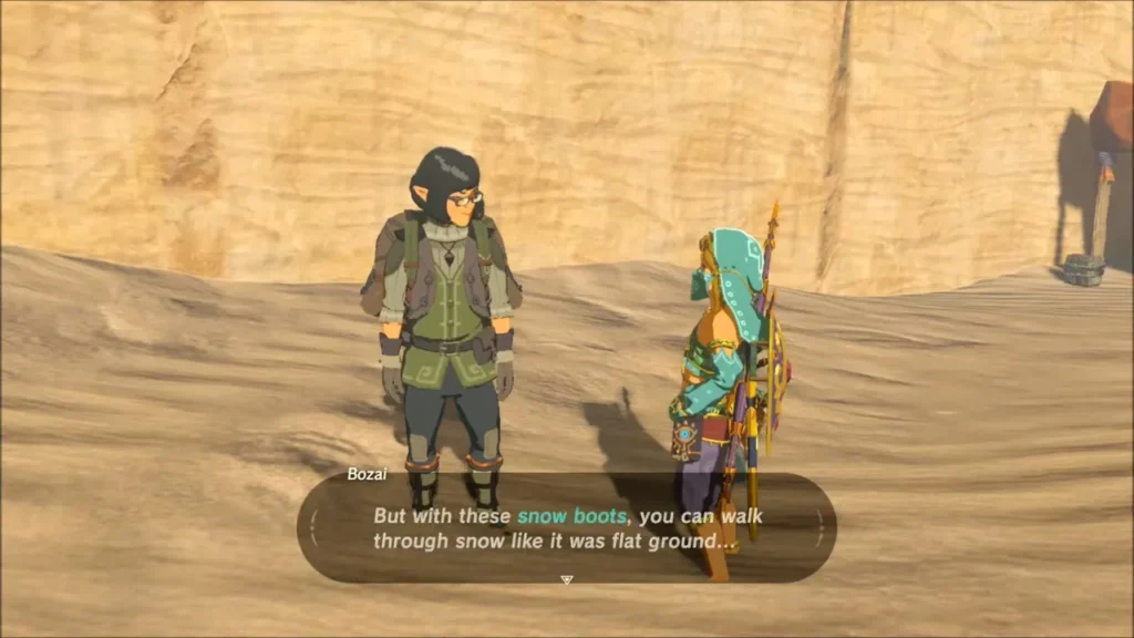 Bozai explaining that his snow boots let you walk through snow like flat ground