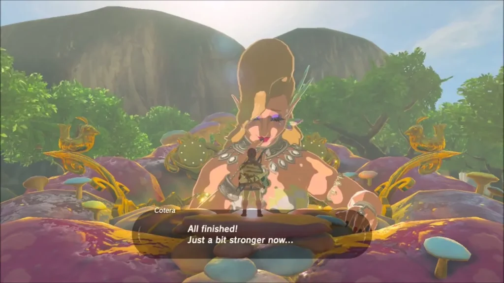 Cotera the Great Fairy telling Link his armor is finished and a bit stronger Cotera the Great Fairy telling Link his armor is finished and a bit stronger
