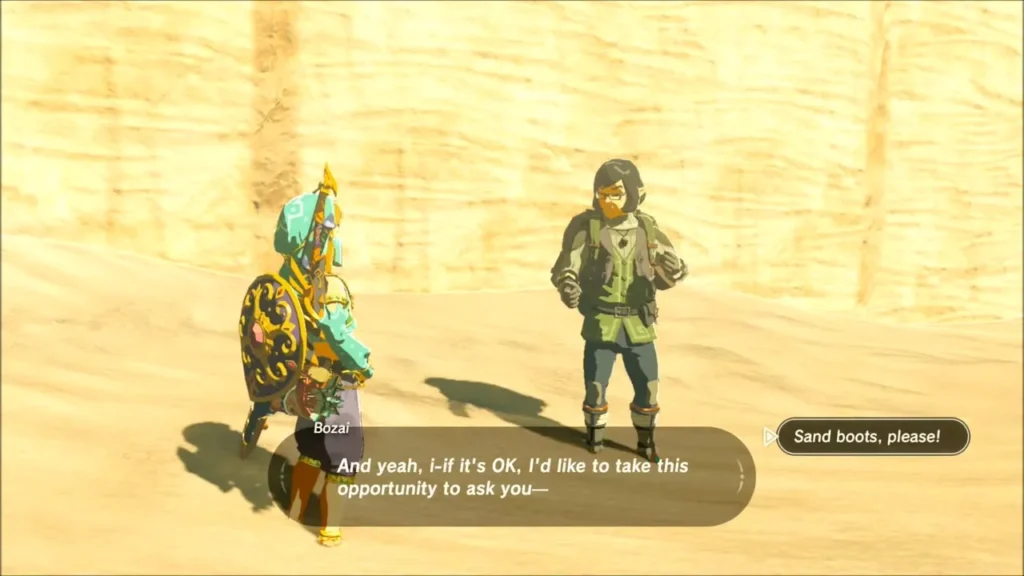Bozai asking Link a favor in the desert outside Gerudo Town Bozai asking Link a favor in the desert outside Gerudo Town