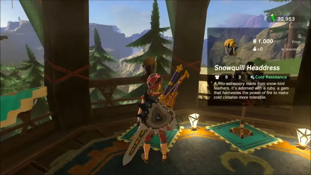 Snowquill Headdress on a display stand in the Rito Village shop with its Cold Resistance description