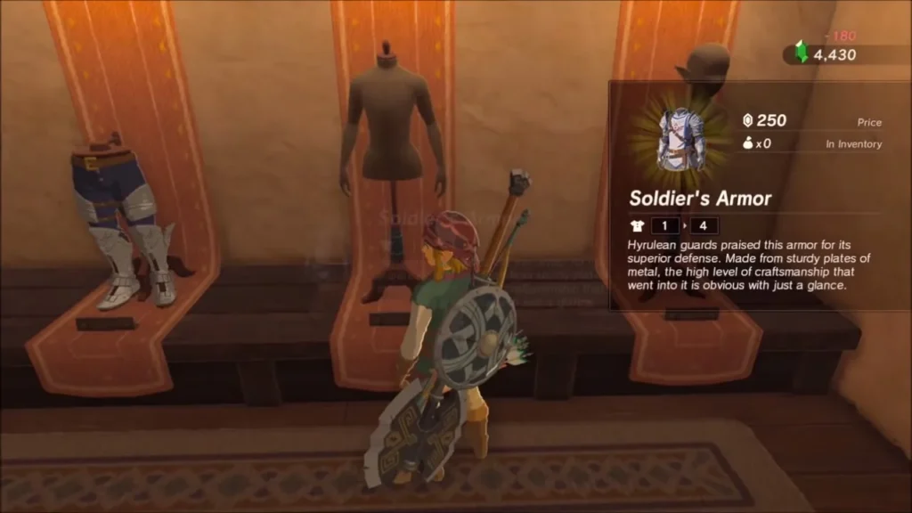 Soldier's Armor on its stand in the Hateno boutique priced at 250 Rupees Soldier's Armor on its stand in the Hateno boutique priced at 250 Rupees
